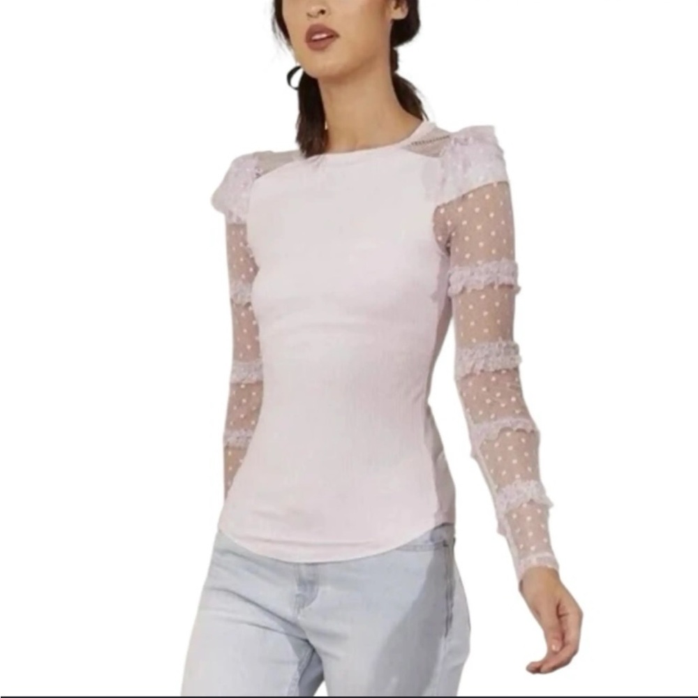 Free People white long sleeve lace fitted Sheer Sleeve Pink Women's Top